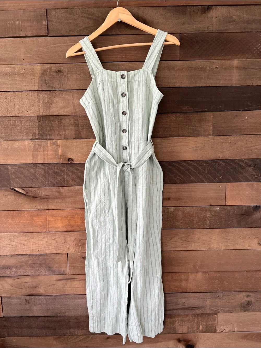 Everlane Women's Linen Picnic Jumpsuit in Seafoam Stripe Size 2